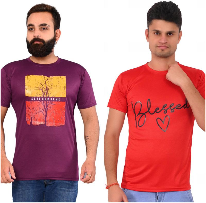 Pack of 2 Men Floral Print, Typography Crew Neck Elastane Multicolor T-Shirt