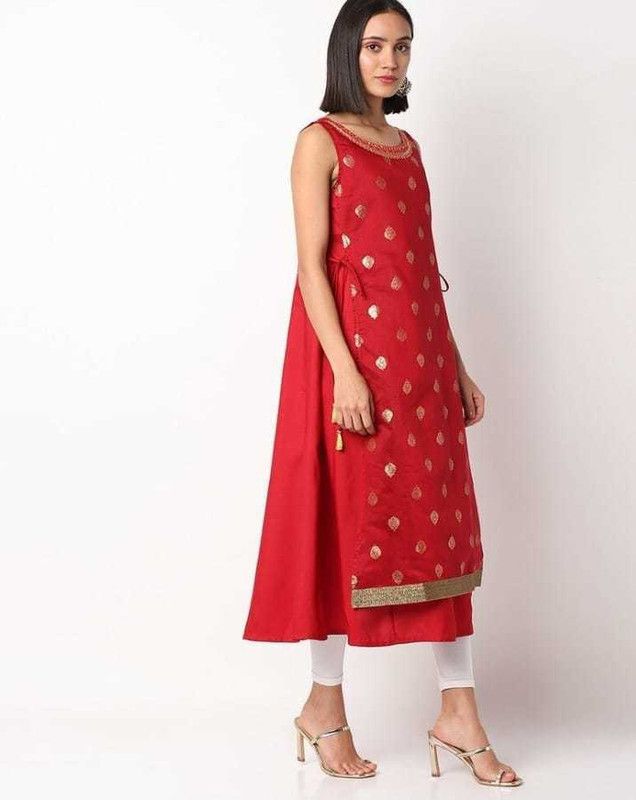 Women Printed Polyester Flared Kurta  (Red)