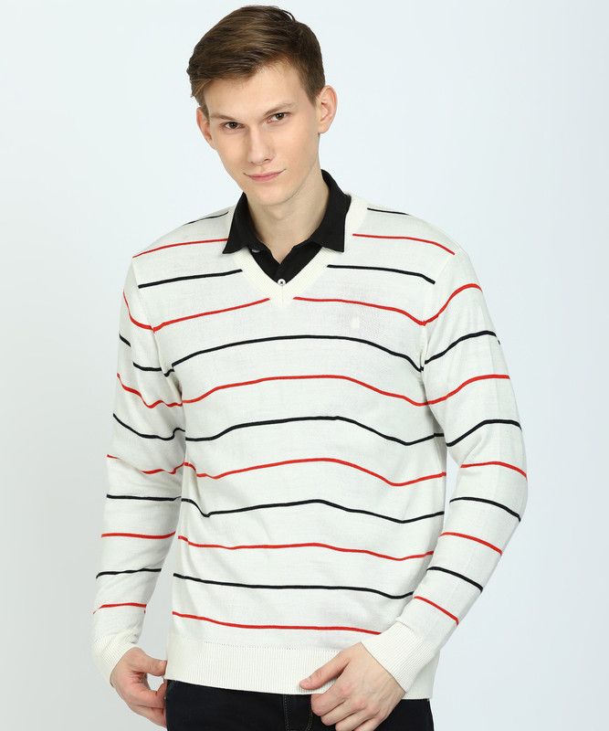 Men Striped V Neck White Sweater