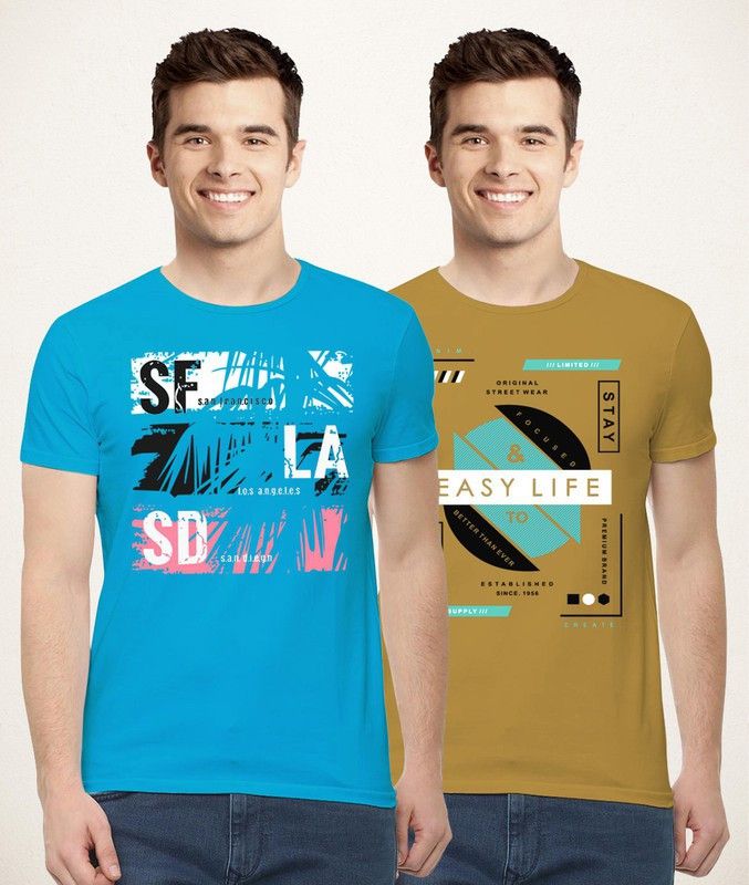 Pack of 2 Men Printed Round Neck Pure Cotton Blue, Brown T-Shirt