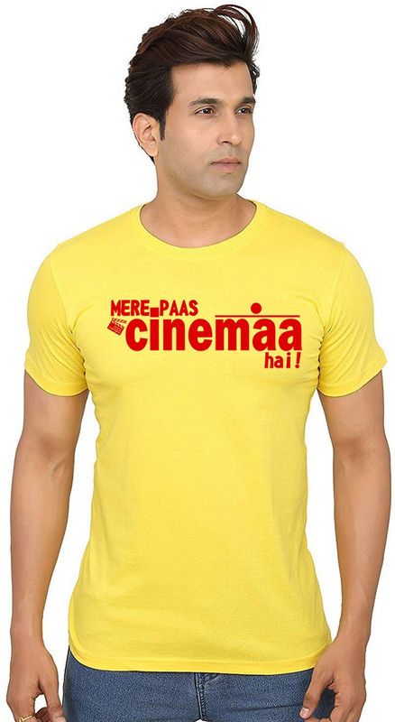 Mere Paas Cinemaa Hai Men Printed Round Neck Pure Cotton Yellow T-Shirt