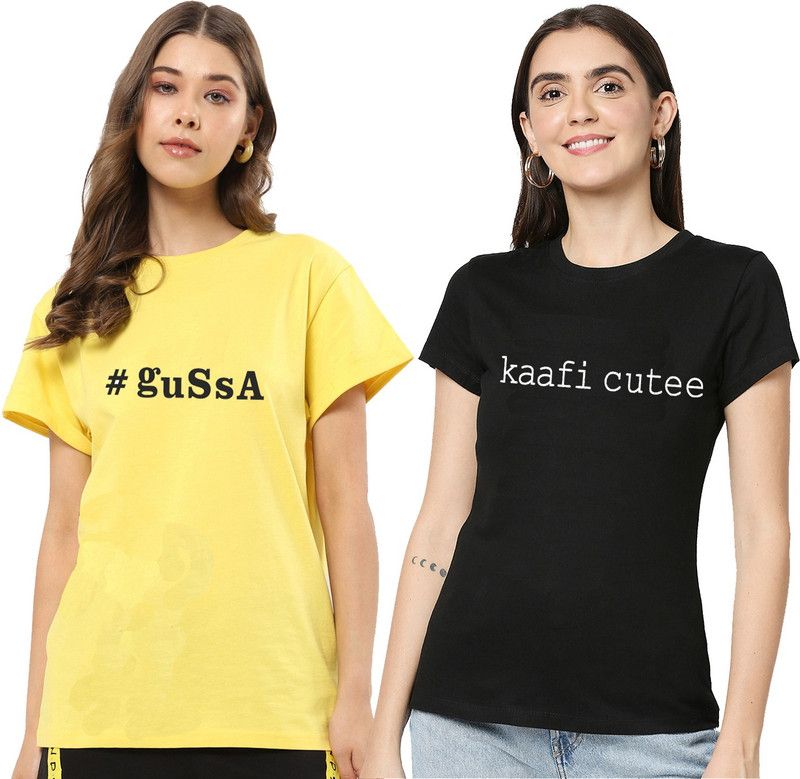 Printed Women Yellow, Black T-Shirt  (Pack of 2)