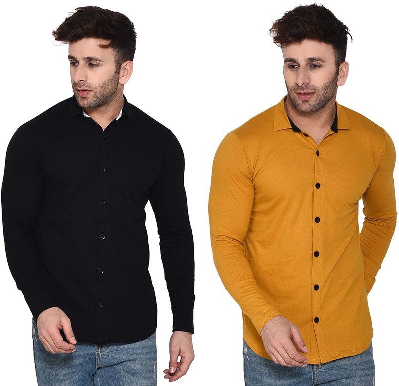 Men Solid Casual Black, Yellow Shirt  (Pack of 2)