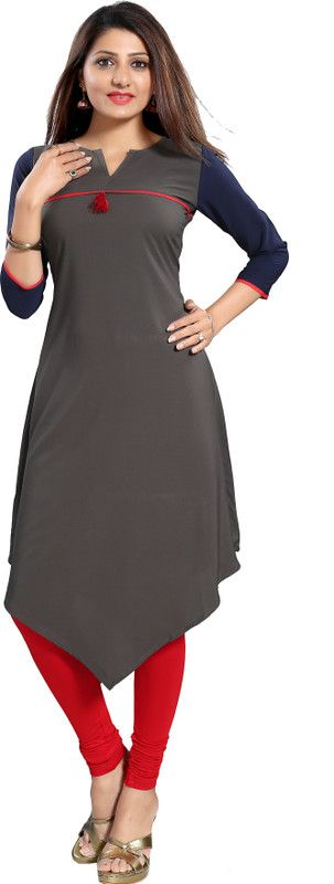 Women Colorblock Cotton Blend, Crepe High Low Kurta  (Grey)