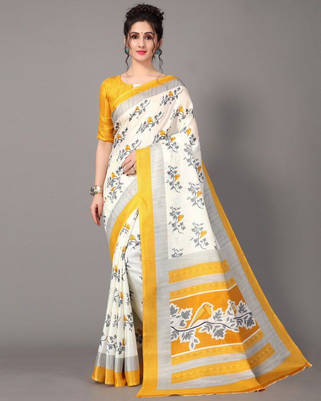 Printed Mysore Silk Blend Saree  (White, Yellow)