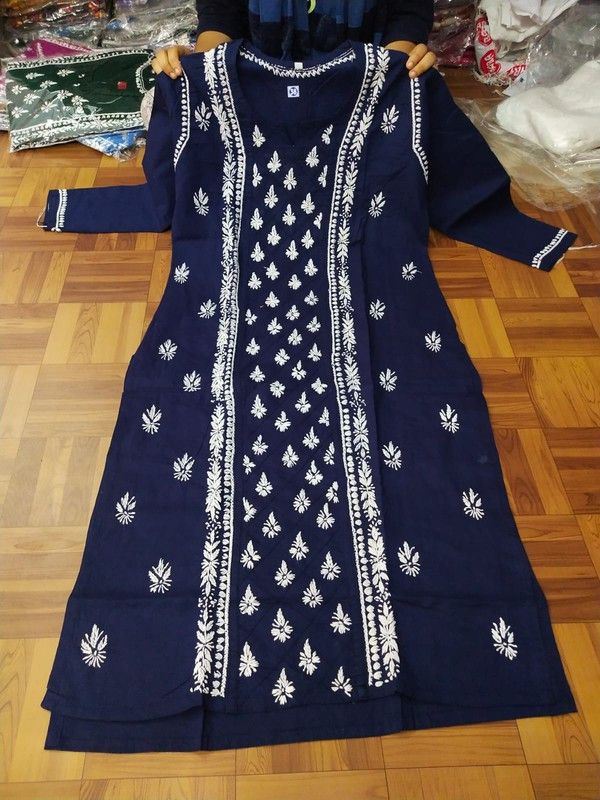 Women Chikan Embroidery Kurta  (Dark Blue)