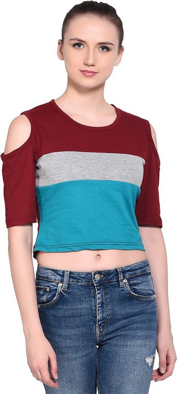 Women Striped Round Neck Cotton Blend Maroon, Grey, Light Green T-Shirt