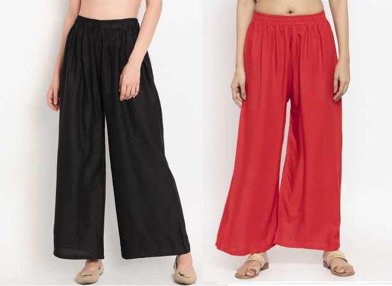 Pack of 2 Women Relaxed Black, Red Lycra Blend Trousers