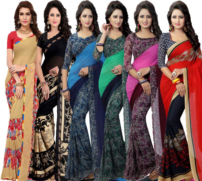 Printed Daily Wear Georgette Saree  (Pack of 6, Red, Green, Blue, Black, Pink, Cream)