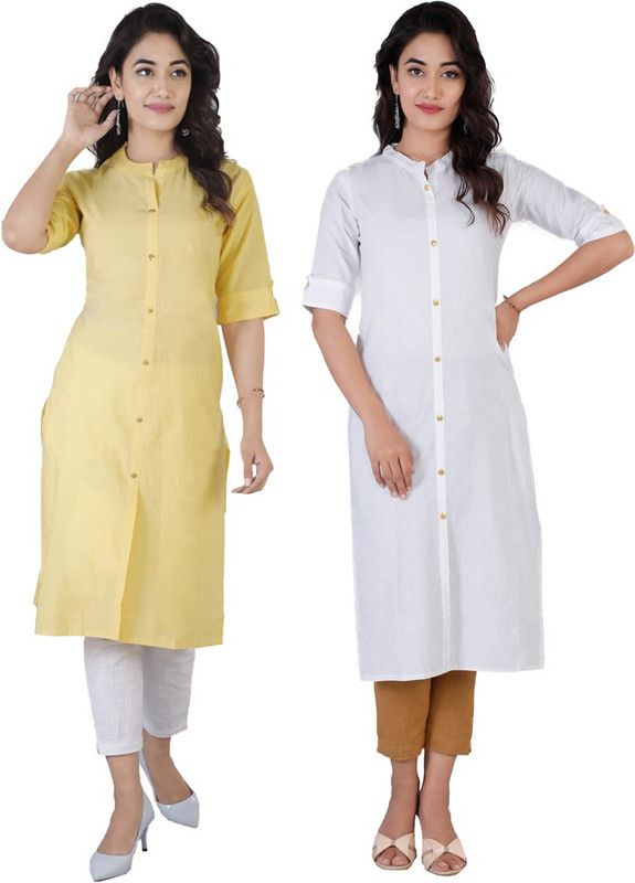 Pack of 2 Women Solid Pure Cotton Frontslit Kurta  (White, Yellow)