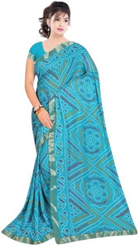 Digital Print Bandhani Georgette Saree  (Light Blue)