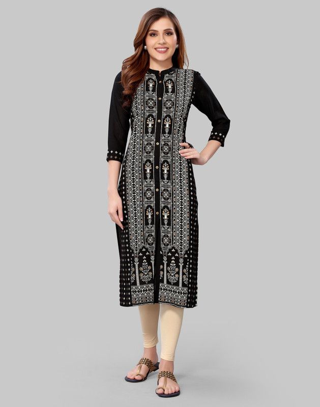 Women Printed, Geometric Print, Embellished Viscose Rayon Straight Kurta  (Black)