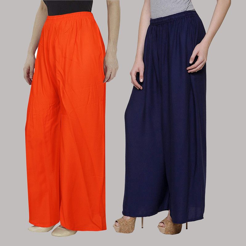 Pack of 2 Women Regular Fit Orange, Blue Cotton Blend Trousers