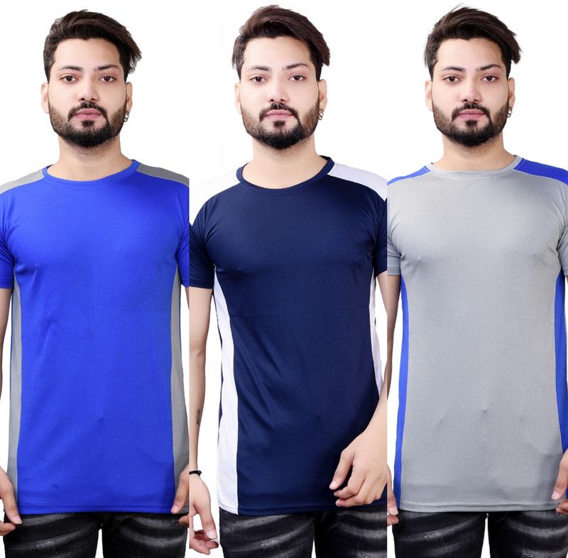 Pack of 3 Men Colorblock Round Neck Polyester Light Blue, Grey, Navy Blue T-Shirt
