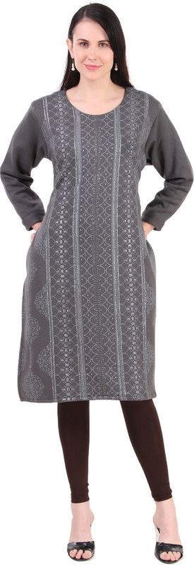 Women Block Print Kurta  (Grey)