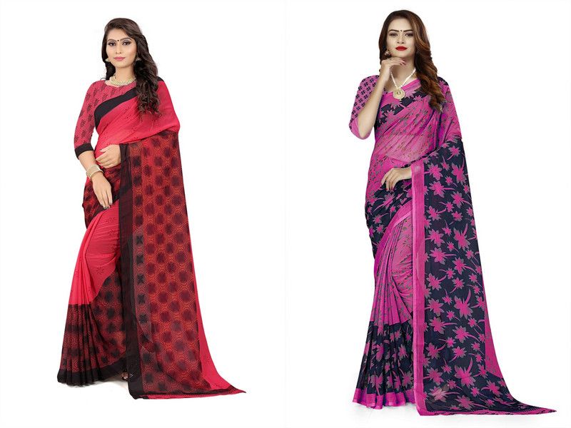 Printed, Floral Print Daily Wear Georgette Saree  (Pack of 2, Red, Pink, Black)