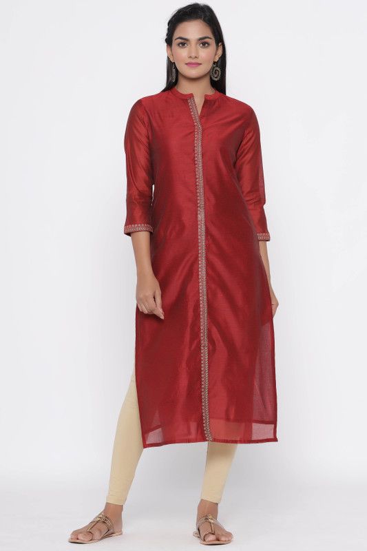 Women Embroidered Polyester Straight Kurta  (Maroon)