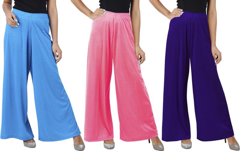 Pack of 3 Women Flared Blue, Pink, Purple Cotton Blend Trousers