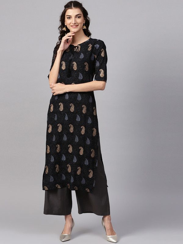 Women Paisley Cotton Rayon Straight Kurta  (Black)