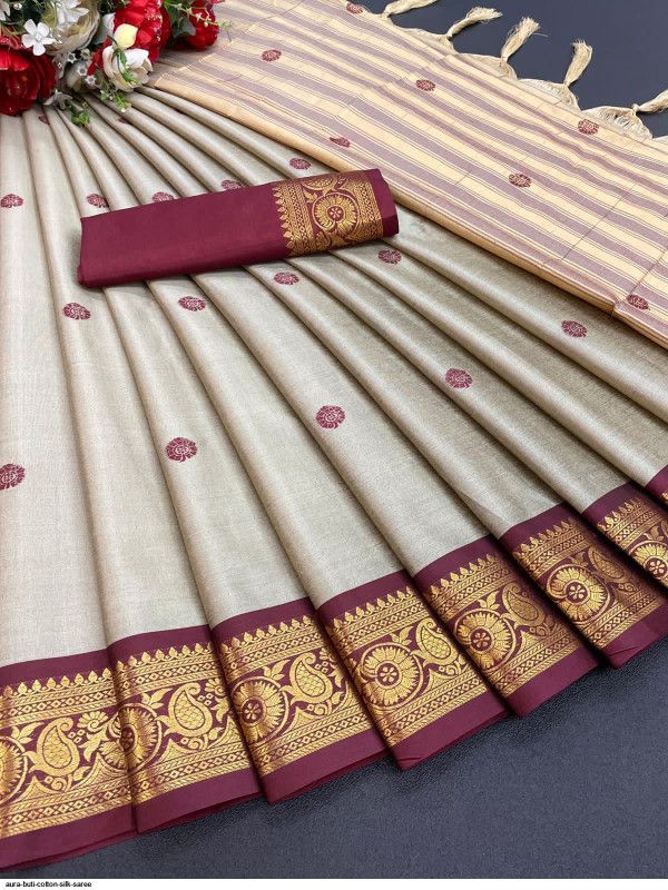 Embroidered, Woven, Checkered Banarasi Jacquard, Cotton Silk Saree  (Grey)