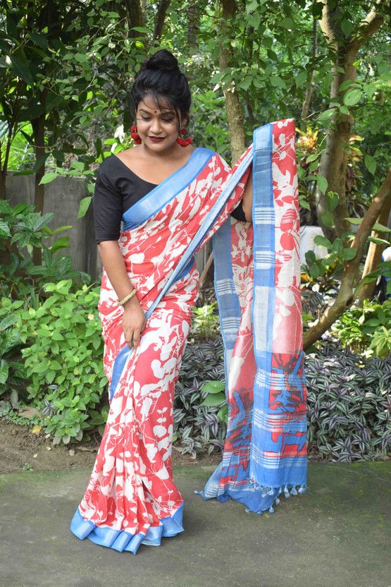 Printed Handloom Linen Saree  (Multicolor)