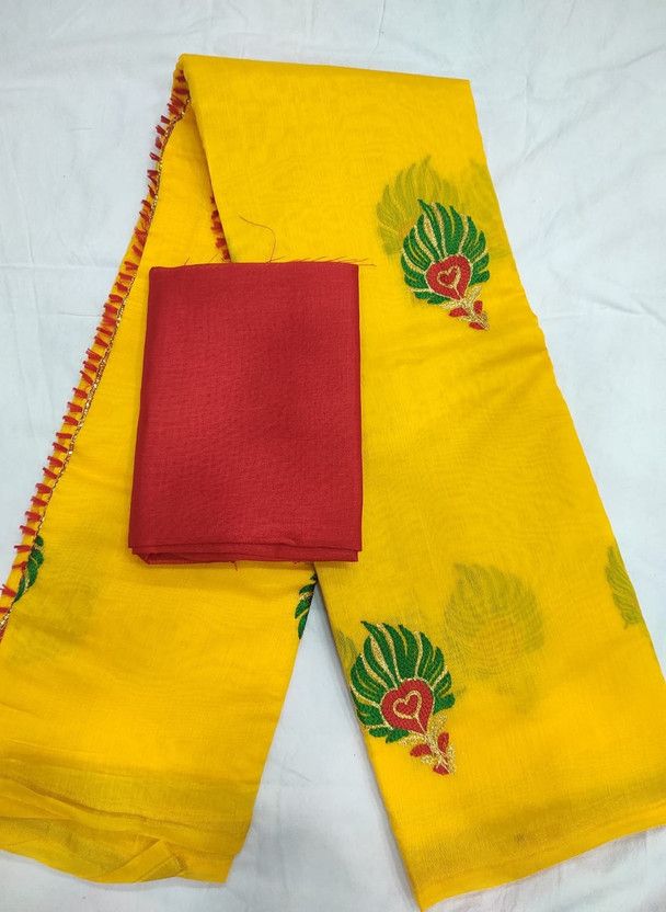 Embroidered Handloom Pure Cotton Saree  (Dark Blue, Red, Blue, Orange, Light Green, Yellow)