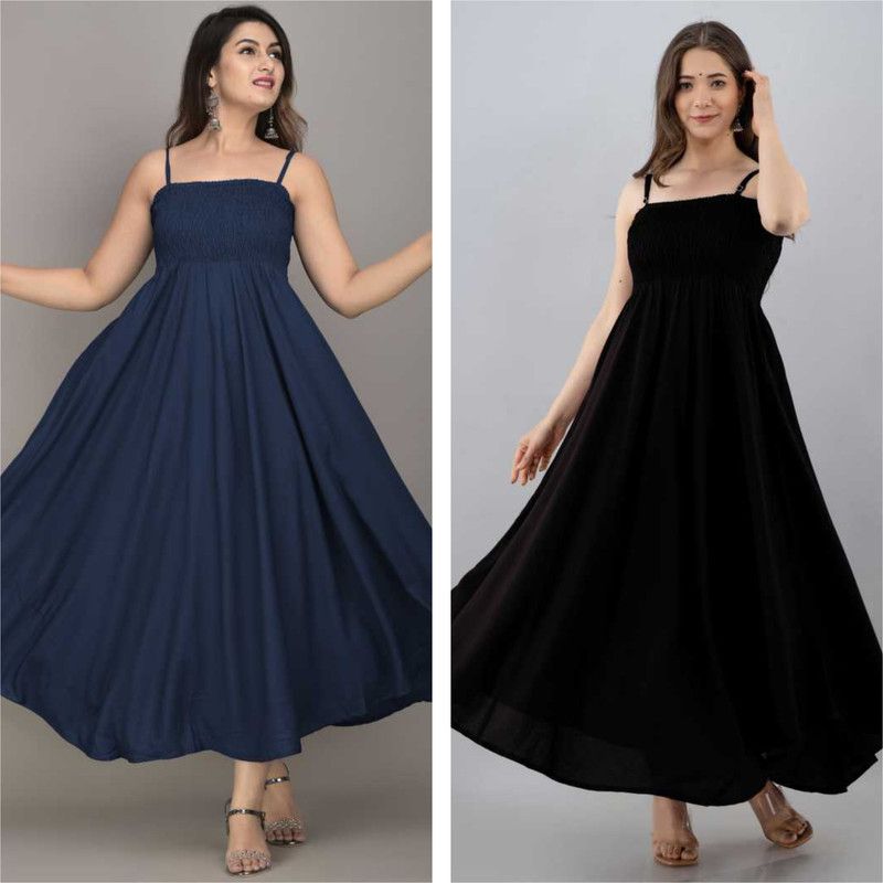Women Fit and Flare Black, Dark Blue Dress