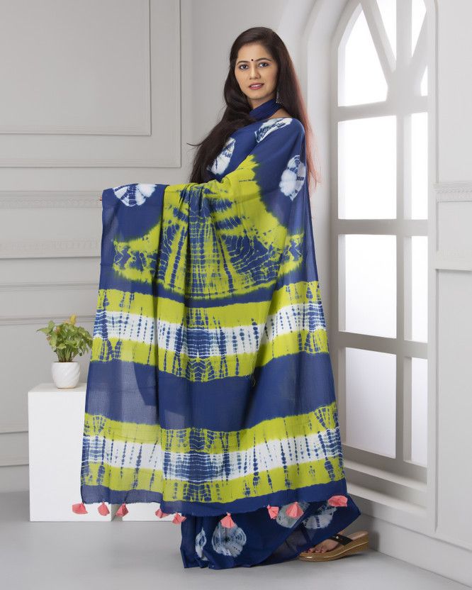 Printed Daily Wear Pure Cotton Saree  (Green, Blue)
