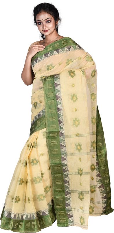 Handloom Pure Cotton Saree  (Beige, Green)
