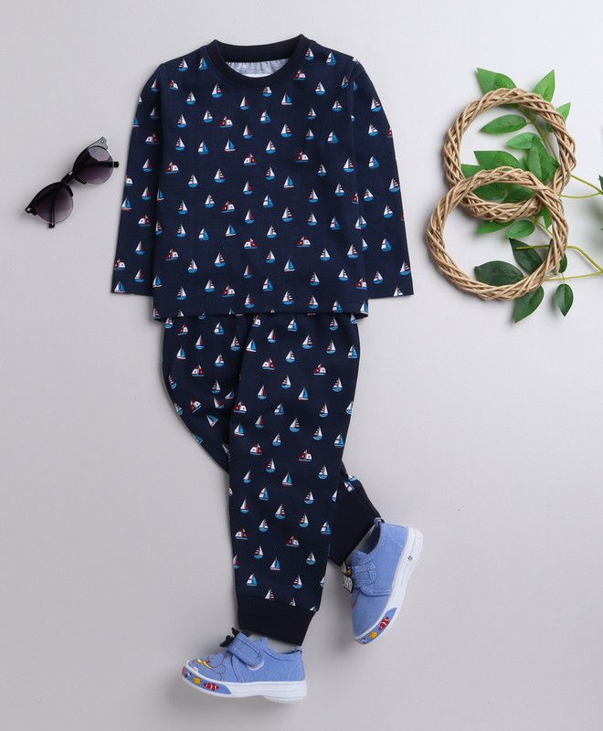 Boys Printed Hosiery Kids Nightwear  (Dark Blue Pack of 1)