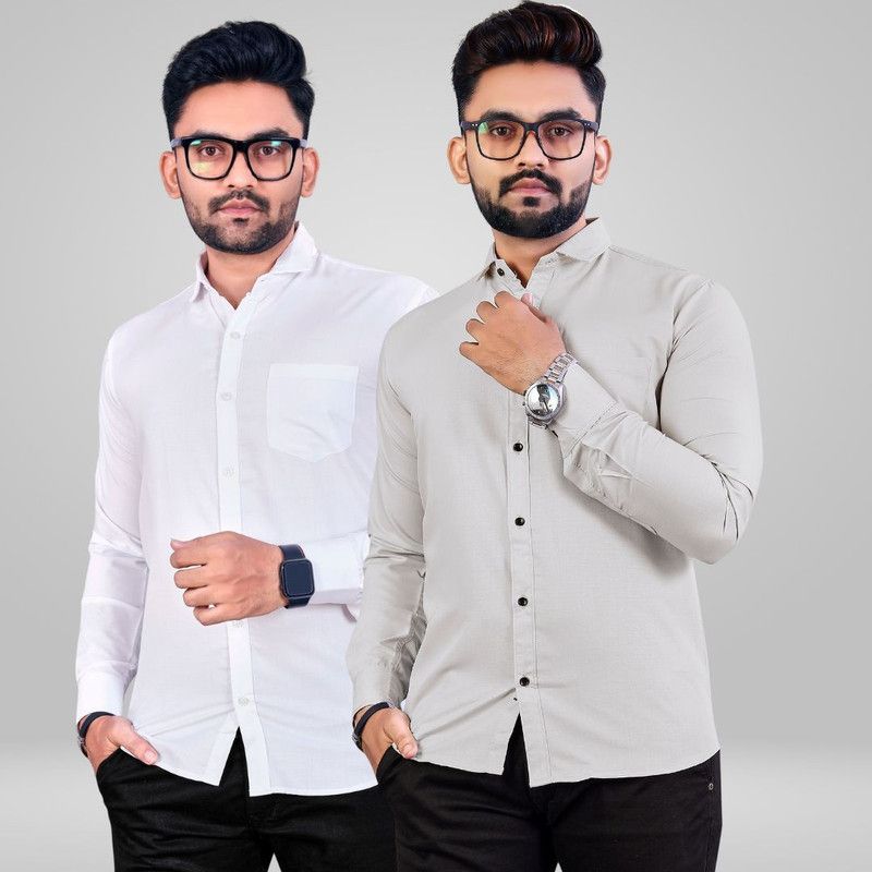 Men Solid Casual Silver Shirt  (Pack of 2)