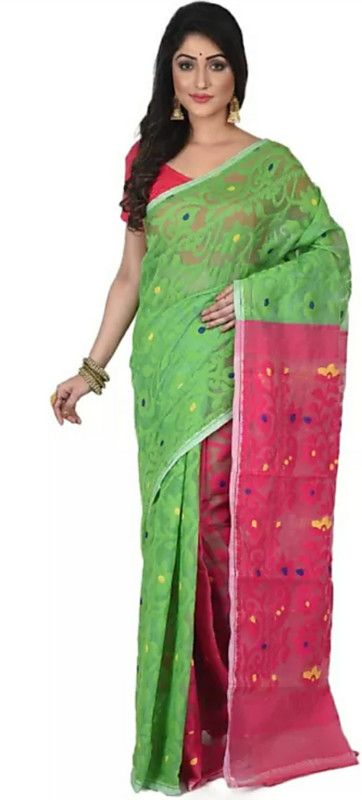 Self Design, Woven Jamdani Cotton Silk Saree  (Green, Pink)