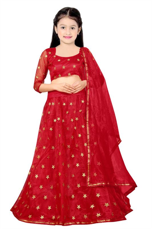 Girls Lehenga Choli Party Wear Embroidered Lehenga Choli  (Red, Pack of 1)