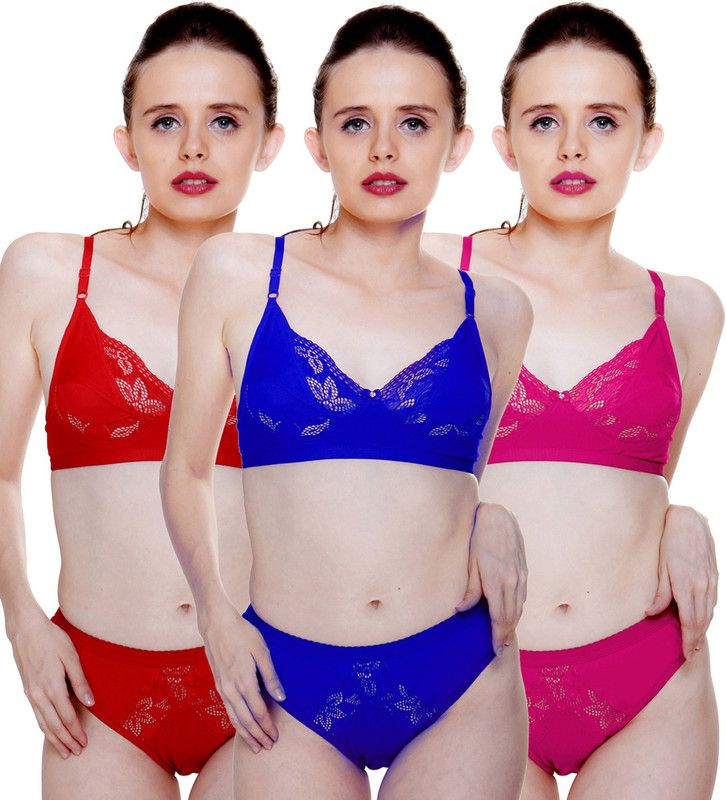Bra & Panty Set Self Design Dark Blue, Red, Pink Lingerie Set