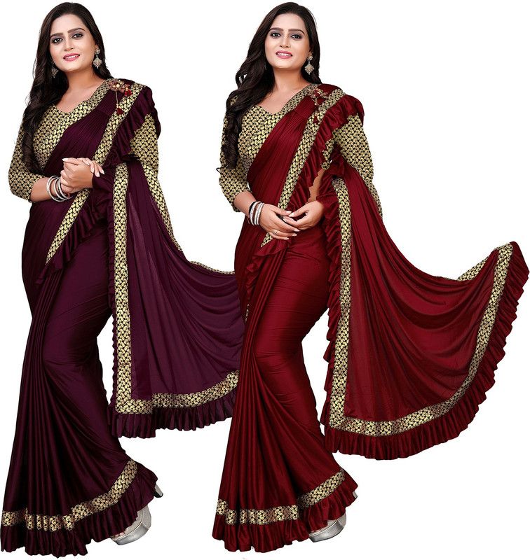 Woven, Solid/Plain Bollywood Lycra Blend Saree  (Pack of 2, Magenta, Red)