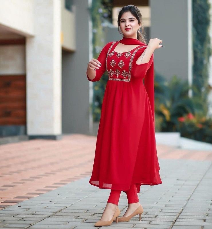 Women Abstract Viscose Rayon Anarkali Kurta  (Red)