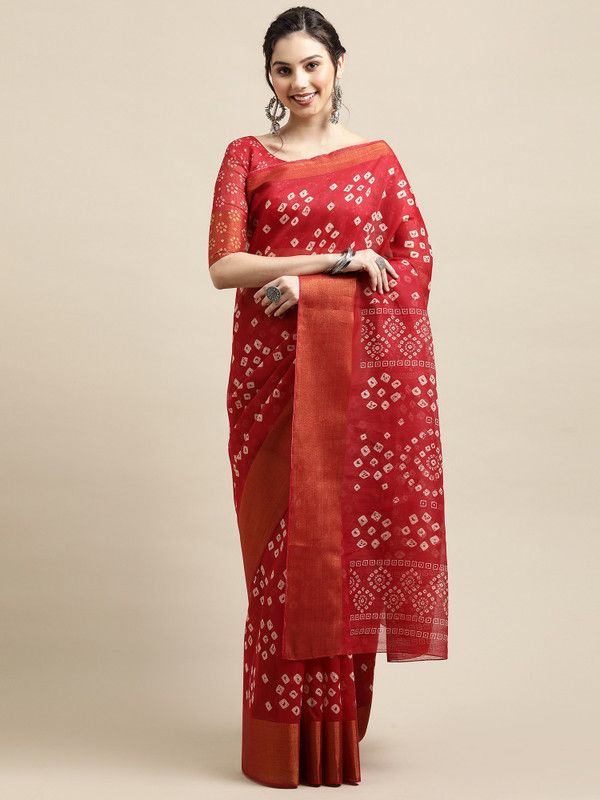 Printed Bandhani Linen Saree  (Red)
