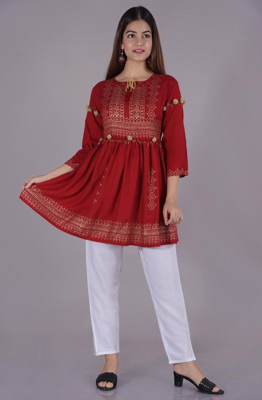 Pack of 2 Women Printed Viscose Rayon Flared Kurta  (Red)
