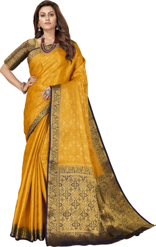 Woven Banarasi Jacquard Saree  (Blue, Yellow)