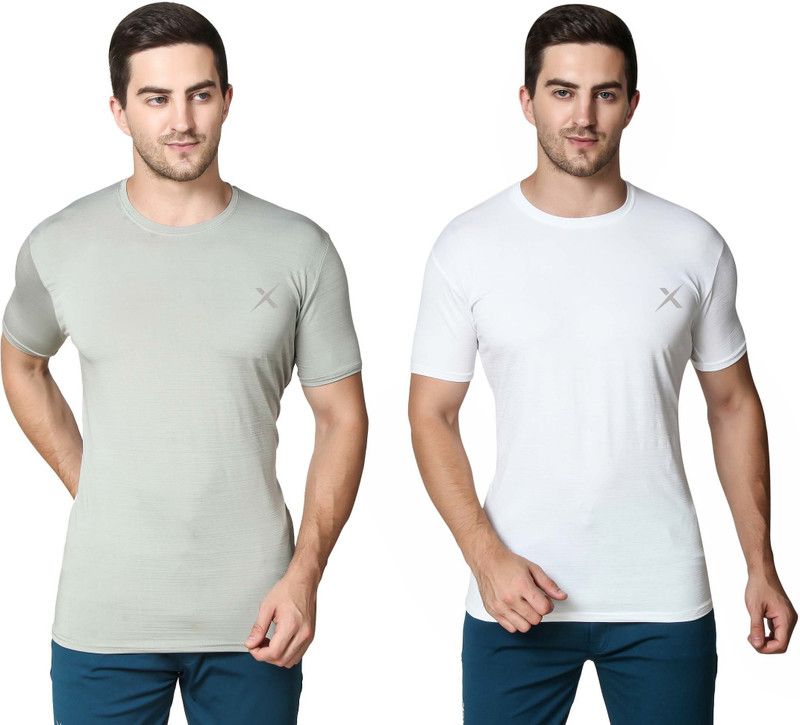 Pack of 2 3010-12-L Men Solid Round Neck Polyester White, Grey T-Shirt