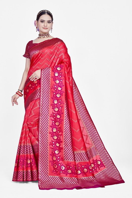 Woven Banarasi Silk Blend Saree  (Purple, Orange)
