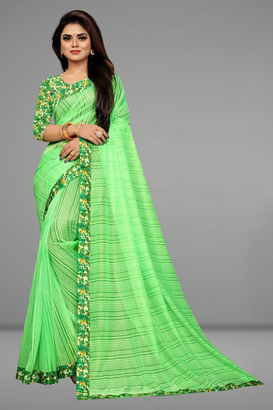 Striped Mysore Lycra Blend, Lace Saree  (Green)