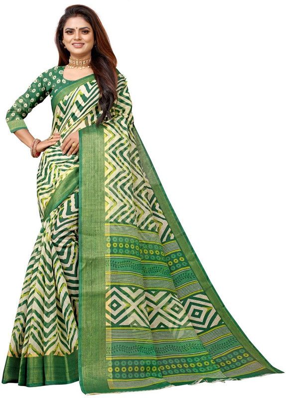 Printed Leheria Viscose Rayon, Cotton Silk Saree  (Green)