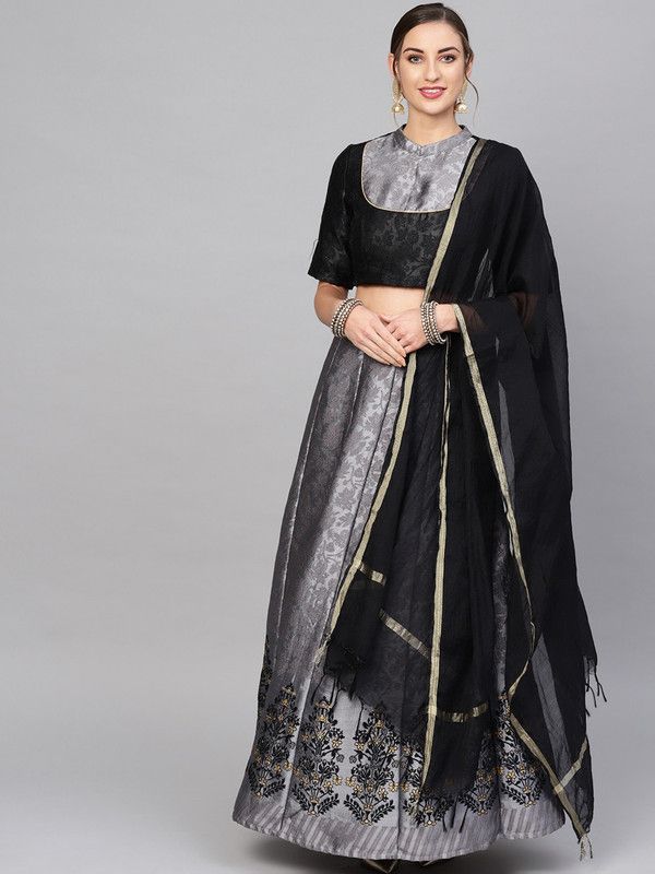 Embroidered Stitched Lehenga Choli  (Grey)