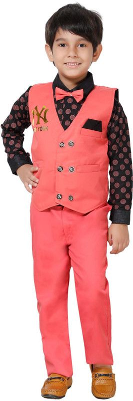 Boys Casual Waistcoat Trouser, Shirt, Bow Tie  (Black)