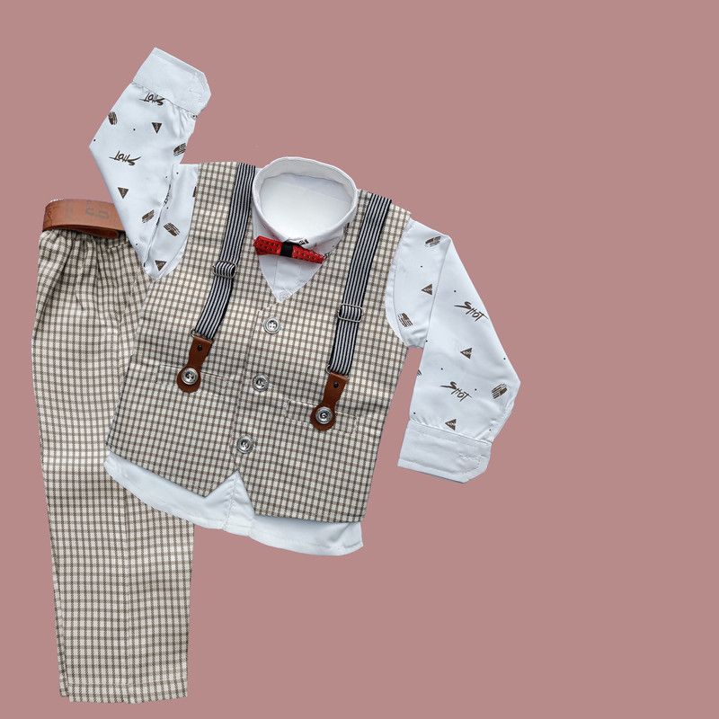 Baby Boys Party(Festive) Waistcoat Shirt, Bow Tie, Pant, Cap  (Brown)
