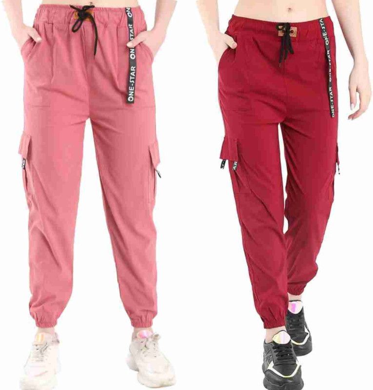 Pack of 2 Women Regular Fit Pink, Red Lycra Blend Trousers