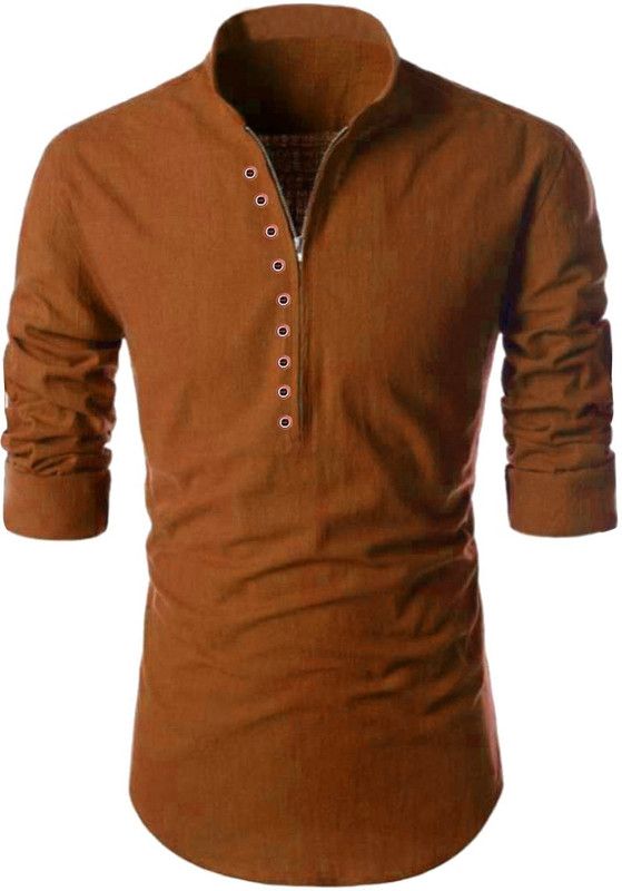 Men Solid Cotton Blend Straight Kurta  (Orange)