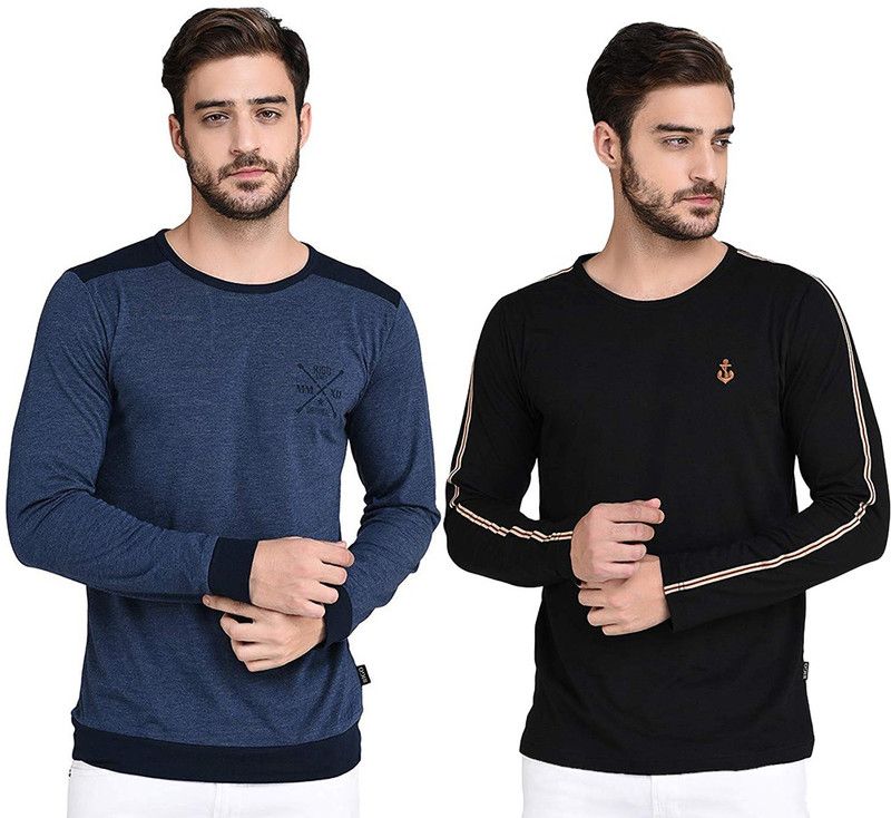 Pack of 2 Men Solid Round Neck Cotton Blend Multicolor T-Shirt