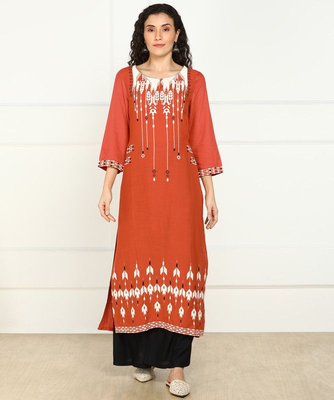 Women Tribal Viscose Rayon Straight Kurta  (Orange)